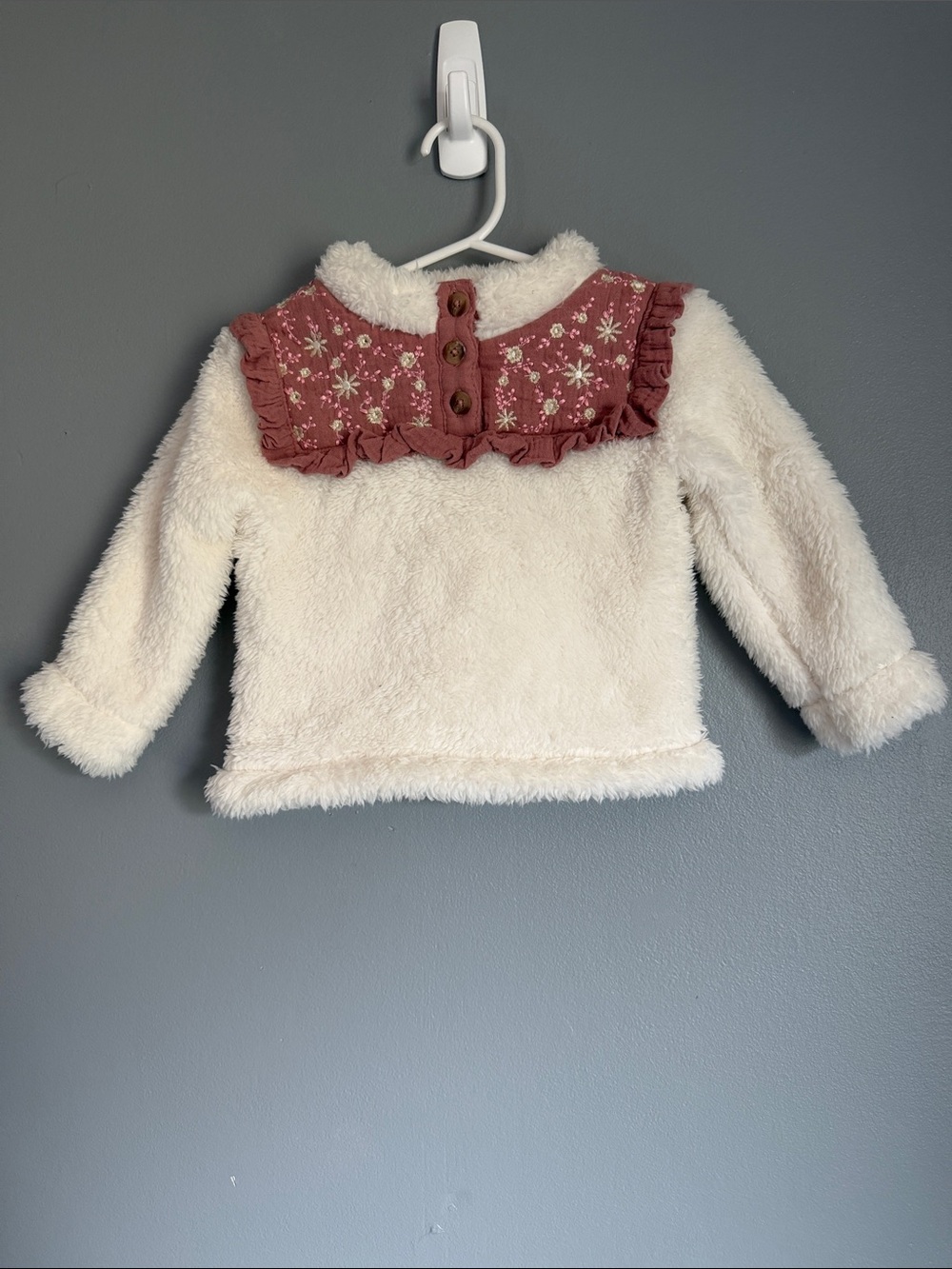 Baby Girl Sherpa Fleece Pullover Sweater Boho Embroidered Ruffle Collar 12 Month